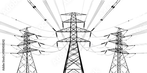 Three large high voltage electrical pylons with overhead transmission lines electricity transmission electric infrastructure industrial silhouette engineering distribution structures