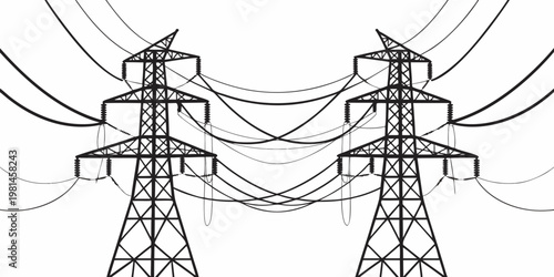 Two large high voltage pylons linked by heavy transmission cables with electricity transmission electric infrastructure industrial silhouette engineering distribution structures connection