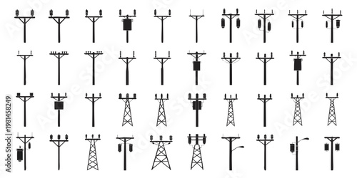 Comprehensive collection of electrical transmission pylon and utility pole silhouettes with electricity transmission silhouette infrastructure electrical distribution transformer industrial