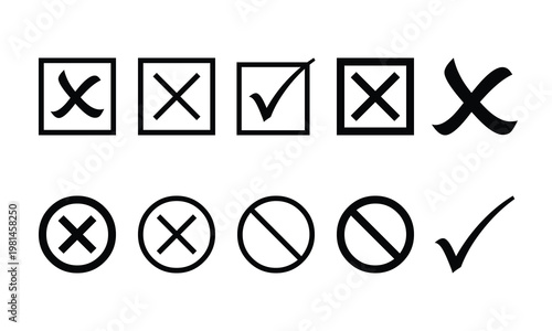 Black Line Checkbox Icons Set: X Mark Square Variations, Check Tick Boxes, Circle Cross No Slash Variants