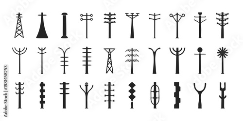 Set of diverse electrical power line pylons and utility transmission tower silhouettes with electricity transmission infrastructure silhouette industrial electrical distribution engineering