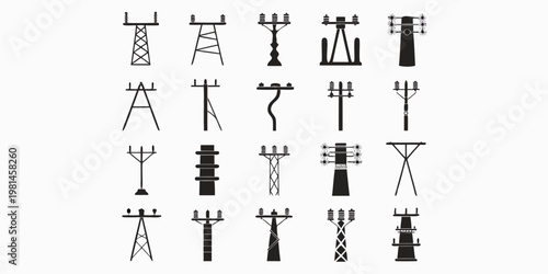 Collection of electrical power transmission tower and utility pole silhouettes with electricity transmission infrastructure silhouette industrial electrical distribution engineering structure