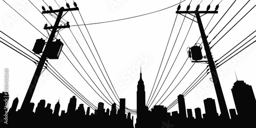 Detailed black silhouette of a city skyline with prominent electric utility poles and power lines silhouette electricity infrastructure buildings architecture transmission metropolis landscape