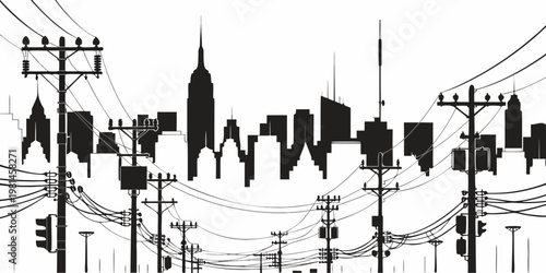 Comprehensive cityscape silhouette with dense power lines and multiple utility poles silhouette electricity buildings infrastructure architecture transmission metropolis electrical industrial