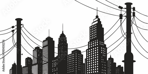 Black silhouette of city buildings with power lines and large electrical utility poles silhouette electricity buildings infrastructure architecture transmission metropolis electrical urbanism
