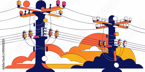 Modern stylized illustration of electrical transmission poles with electrical transmission infrastructure electricity distribution illustration abstract industrial technology engineering