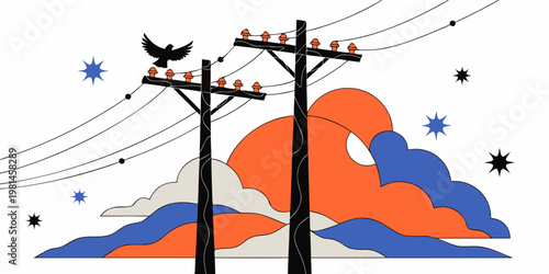 Bird perched on electrical power poles at sunset with electrical landscape transmission infrastructure electricity illustration abstract wildlife silhouette elements composition minimalist