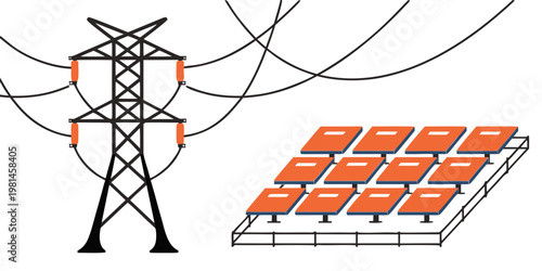 Industrial solar energy farm and high voltage transmission pylon with renewable electricity technology sustainable environment infrastructure illustration transmission electrical alternative