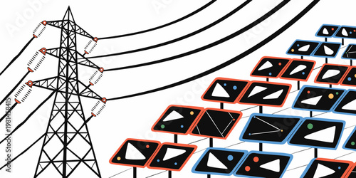 Illustration of a solar panel farm connected to an electric transmission tower with electricity transmission renewable sustainable infrastructure technology illustration alternative industrial