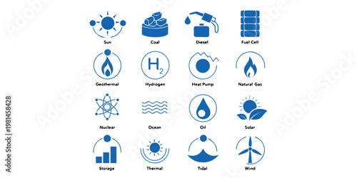 Set of blue energy source icons for sustainable power with renewable sustainability electricity resources environment technology geothermal industry graphics generation solutions electrical