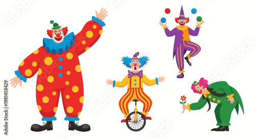 Circus clowns performing juggling, unicycling, and presenting flowers, vibrant costumes