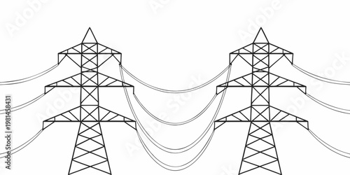 Black and white line art of two high voltage electrical transmission towers with electricity transmission infrastructure electrical engineering industrial distribution structure technology