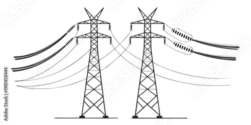 Black and white technical drawing of electrical towers with heavy power cables and insulators electricity transmission infrastructure engineering insulator industrial distribution electric