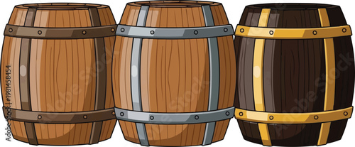 The image shows three cartoon-style wooden barrels, each with slightly different designs:
