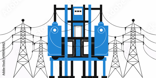 Industrial graphic illustration of electrical grid substation and high voltage transmission towers with substation electricity transmission infrastructure industrial engineering distribution