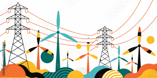 Sustainable wind energy farm landscape with power transmission towers and electrical grid infrastructure vector illustration turbines electricity transmission sustainable renewable infrastructur