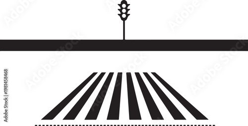 Pedestrian zebra crossing with traffic light silhouette on road background representing city street safety and urban transportation infrastructure.