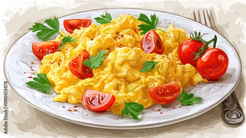 Fluffy yellow cooked eggs served on a white plate with fresh tomato wedges and green herbs