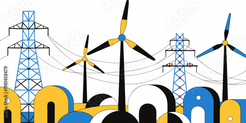 Wind energy farm and high voltage transmission towers electrical infrastructure flat illustration with energy efficiency turbines electricity transmission infrastructure illustration electric