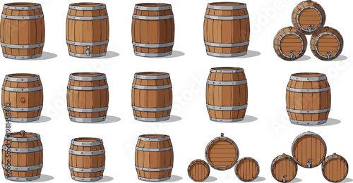 The image presents a variety of views and styles of wooden barrels, all sharing common characteristics: