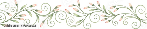 Elegant seamless floral border featuring delicate watercolor style pink flower buds and graceful green swirling vines on white background