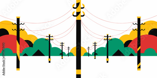 Minimalist graphic landscape with perspective view of utility poles and transmission wires landscape perspective electricity infrastructure illustration minimalist transmission colorful
