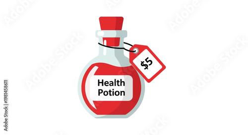 Health Potion Bottle with Price Tag, Fantasy Game Item, Red Liquid, RPG Element