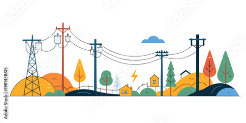 Graphic illustration of suburban landscape with electrical power lines and small houses electricity landscape suburban infrastructure illustration minimalist countryside transmission electric