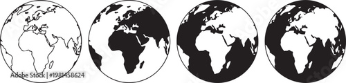 Stylized illustrations of planet Earth showing continents in outline and solid black vector graphics.