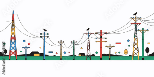 Stylized graphic depiction of high voltage power lines and electrical towers in a landscape with electricity landscape illustration infrastructure transmission minimalist colorful abstract