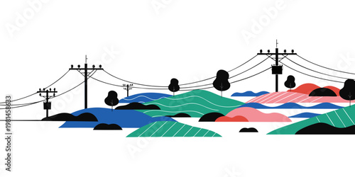 Minimalist graphic landscape featuring power lines over colorful rolling hills and trees landscape electricity minimalist illustration infrastructure transmission colorful abstract background
