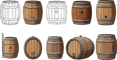 The image presents a variety of views and styles of wooden barrels, all sharing common characteristics: