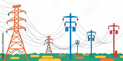 Colorful graphic design of power grid transmission pylons and poles with electricity transmission infrastructure electrical industrial distribution abstract engineering technology structure