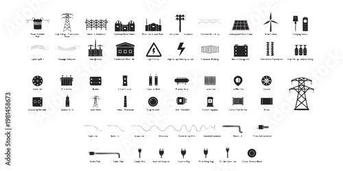 Set of electrical power infrastructure and utility network icons with electricity infrastructure transmission substation transformer distribution engineering industrial conductors electrical