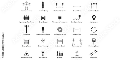 Electrical power transmission and distribution line component icons with electricity transmission distribution substation transformer insulator engineering electrical infrastructure technical