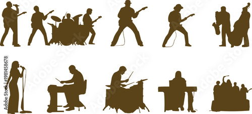 The image is a collection of silhouettes depicting various musicians and musical setups. 