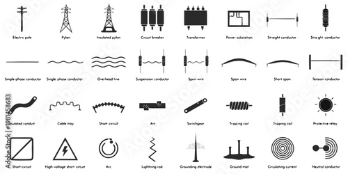 Collection of electrical circuit symbols and power infrastructure icons with short circuit electricity electrical engineering infrastructure distribution transmission transformer substation