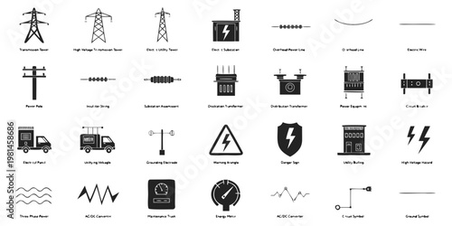 Comprehensive electrical engineering and power distribution symbol collection with three phase electricity engineering distribution transmission substation transformer electrical infrastructur