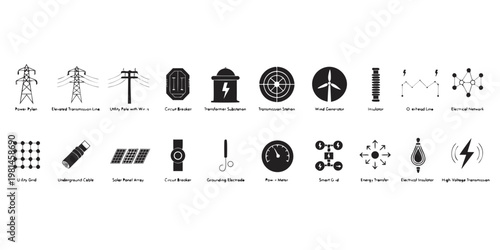 Modern smart grid and electrical power energy network icon set with electricity transmission infrastructure distribution transformer substation technical components electrical technology