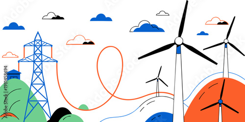 Sustainable energy concept with wind turbines and transmission line turbines electricity transmission sustainable renewable environment landscape infrastructure illustration technology