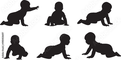 Baby silhouette collection showing various crawling poses and movements representing early childhood development and infant growth stages.