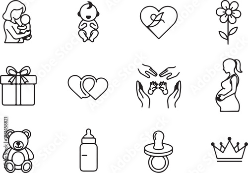 Line art icons for baby mother gift pregnancy with pregnancy collection illustration monochrome decoration pacifier childcare parenthood maternity celebration