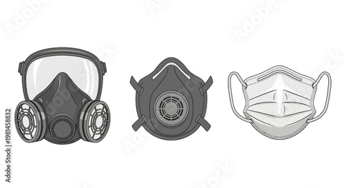 Set of three protective face masks: gas mask, respirator, and surgical mask