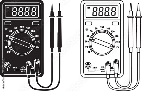 Digital multimeter with probes and display showing readings for electrical measurement.