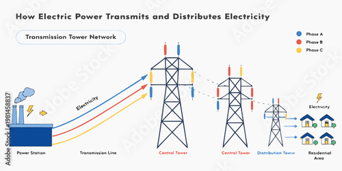 Educational graphic explaining electrical power transmission and distribution network with electricity transmission distribution residential electrical infrastructure engineering technical