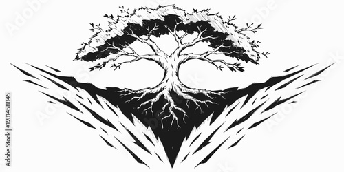 Stylized tree with exposed roots rising from fractured ground fractured silhouette illustration abstract environment isolated conceptual landscape monochrome minimalist stylized creative