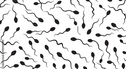 Black silhouette sperm cell icons swimming across gray checkered background representing male fertility health reproduction and science.