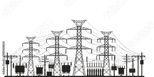 Black and white silhouette illustration of high voltage electrical towers and transformers with electricity transmission electric infrastructure silhouette industrial transformers engineering