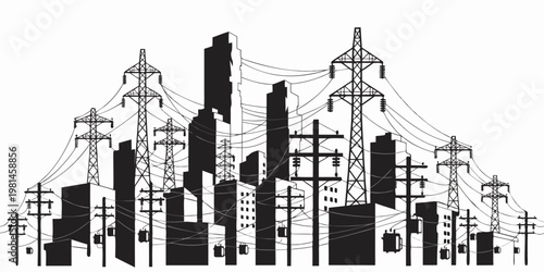City skyline silhouette with high voltage towers and power lines electricity silhouette transmission electric infrastructure buildings engineering distribution technology electrical