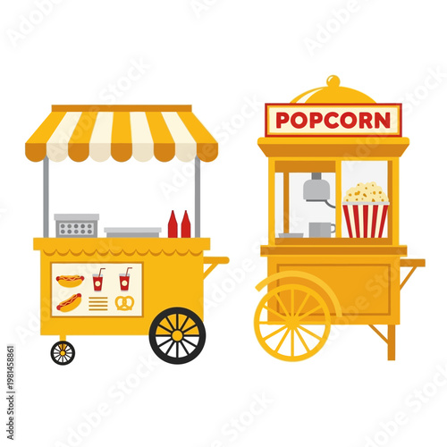 Street Food Carts: Hot Dogs and Popcorn Stands, Yellow and White Design